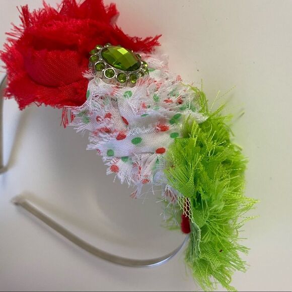 Red Green and White Boutique Christmas Frayed Rossette Headband with Rhinestone - Picture 3 of 9